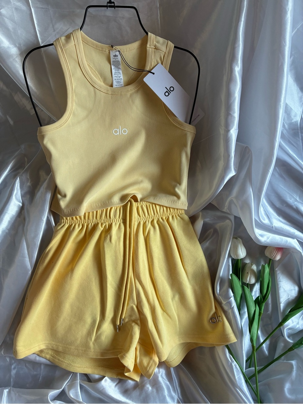 ALO Yoga Yellow Ribbed Athletic Tank & Drawstring Shorts
